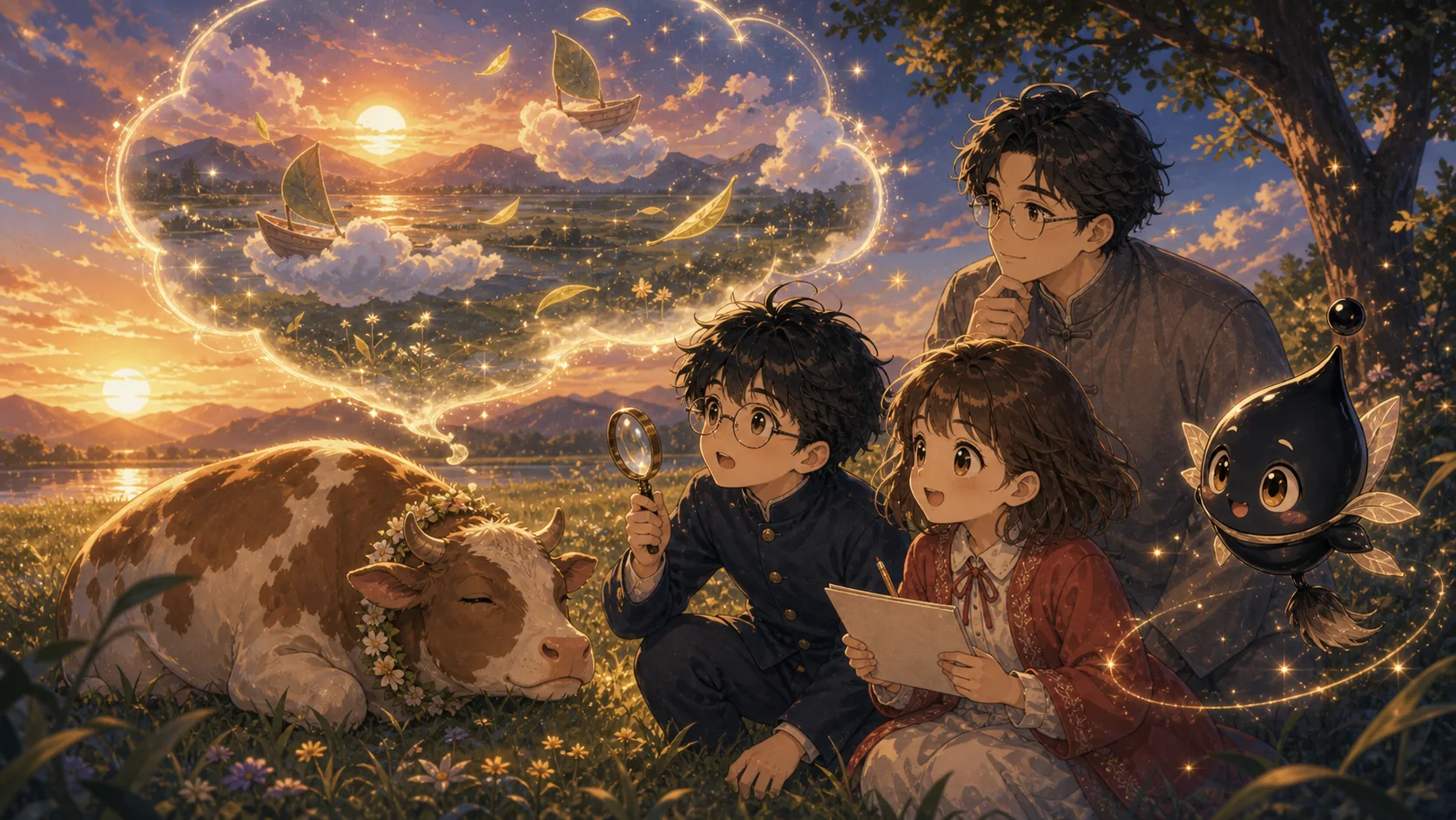 花牛在草地里做梦，云朵小船和夕阳构成诗意想象