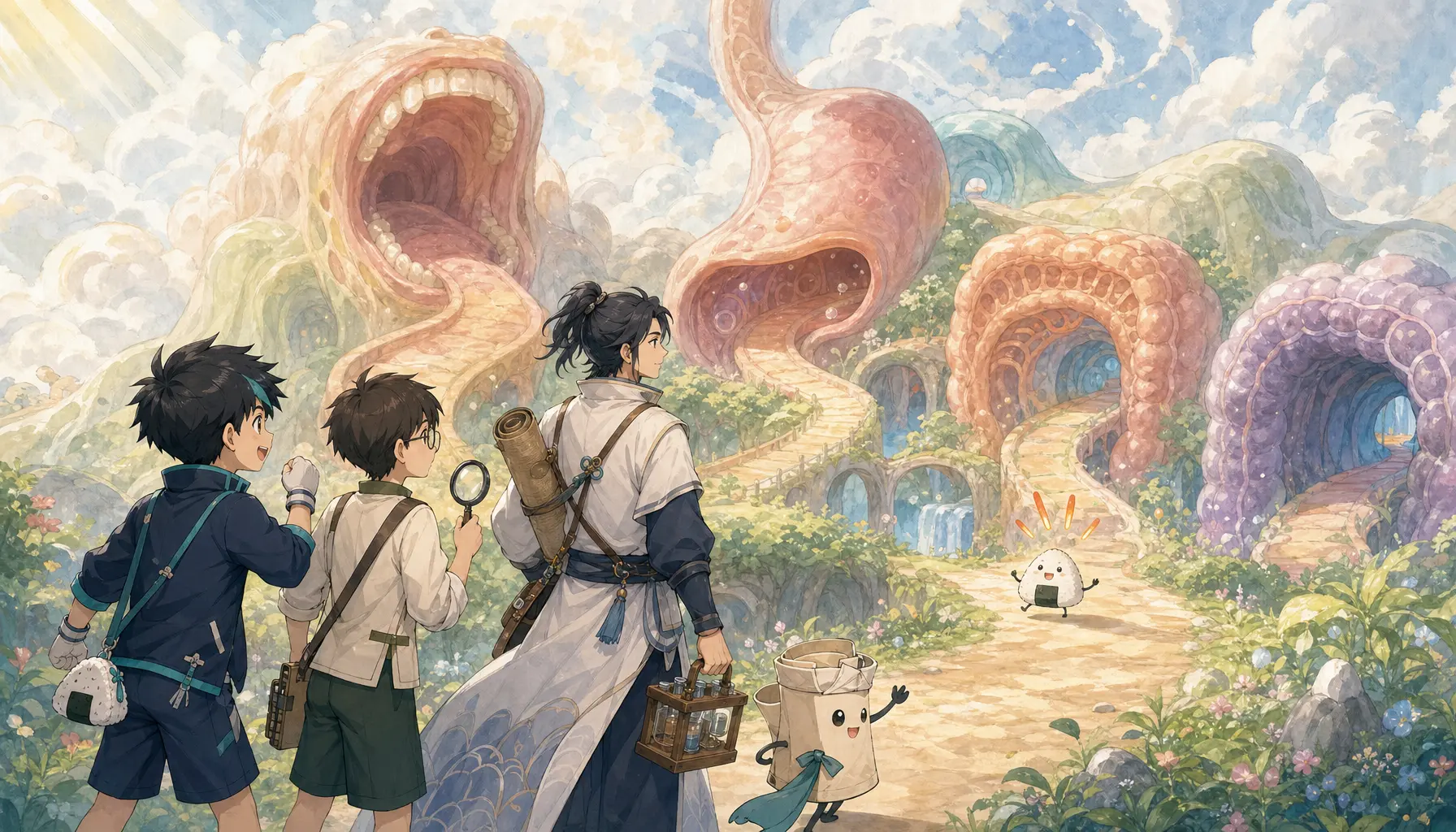 科学探险队进入饭团身体旅行秘境的手绘动画封面