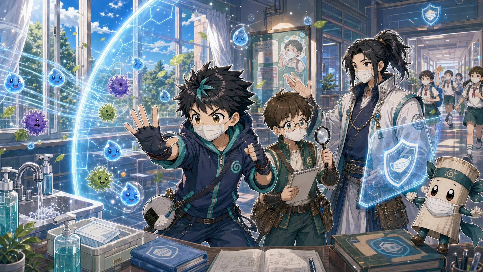 科学探险队建立飞沫防线的原创动漫主视觉